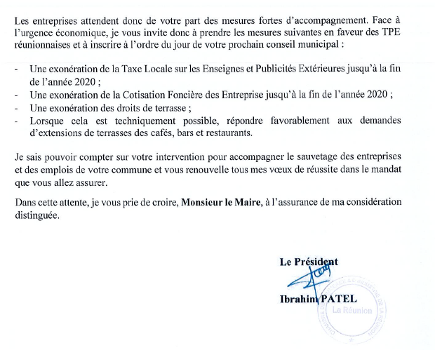 Ibrahim Patel propose aux maires élus une série de mesures pour aider les entreprises