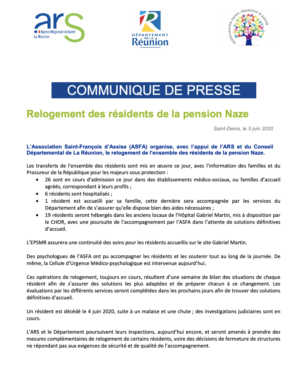 Communiqué de presse - Relogement des résidents de la pension Naze