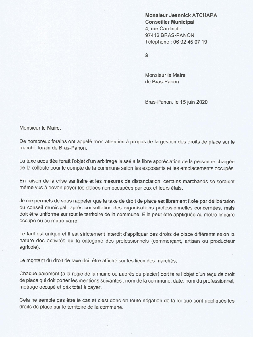Courrier adressé à Monsieur le Maire de Bras-Panon