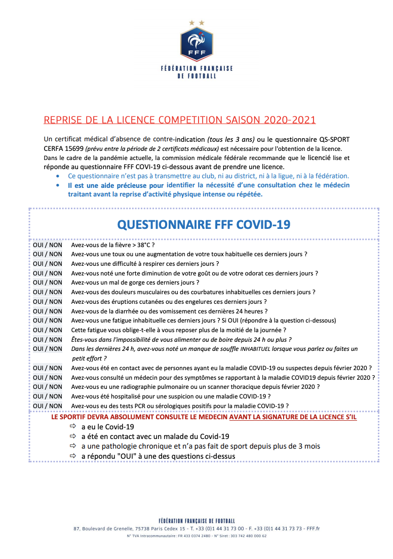 Le football amateur peut reprendre, mais la FFF recommande aux licenciés de répondre à un questionnaire santé 