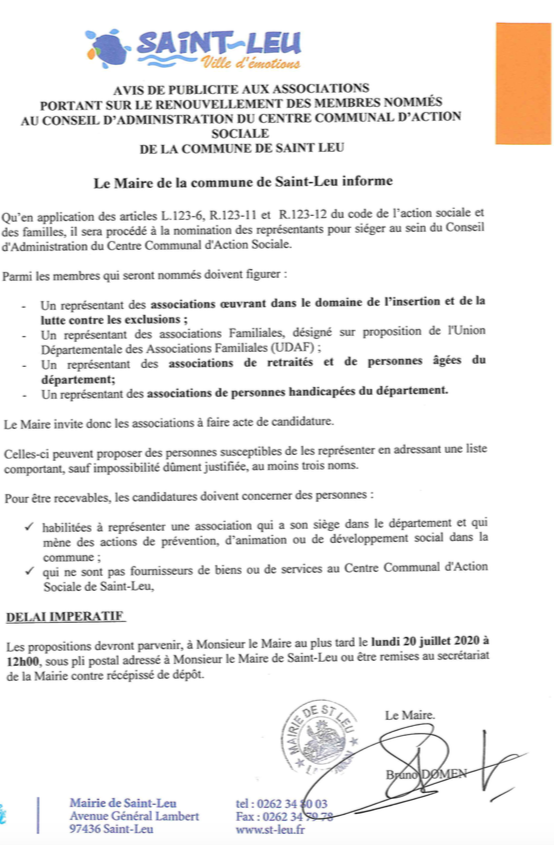 Renouvellement du Conseil d’administration du CCAS: avis de candidature
