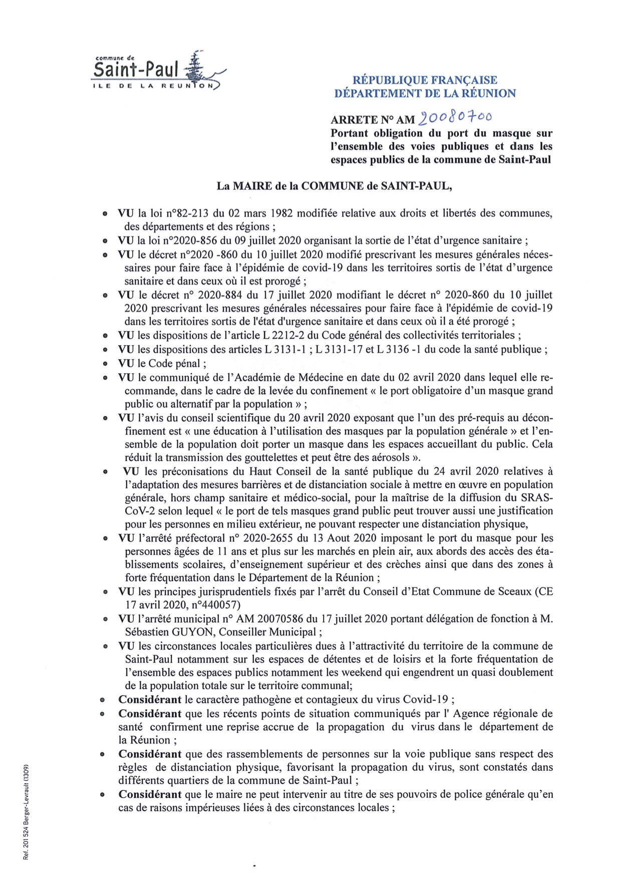 Le port du masque obligatoire sur l’ensemble du territoire saint-paulois