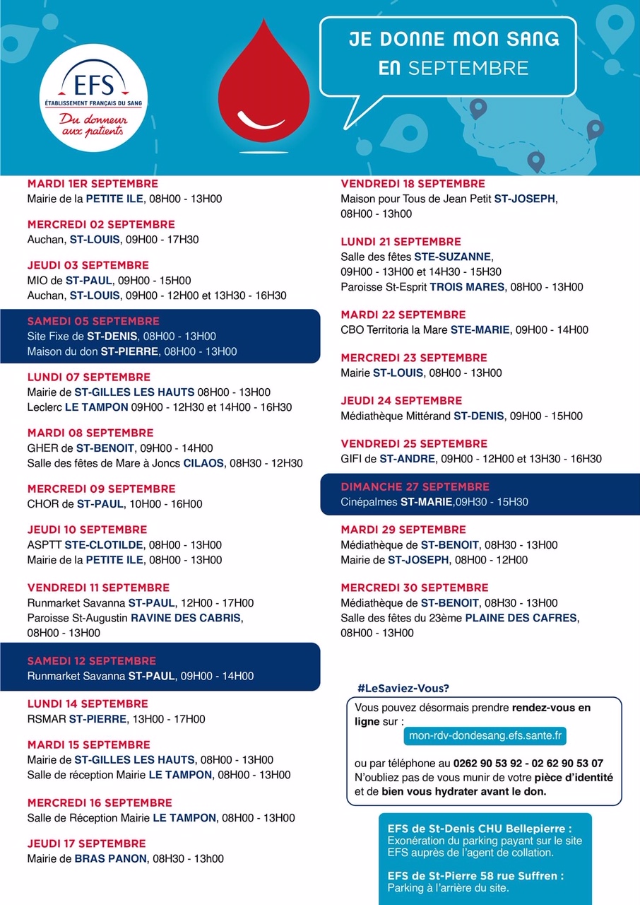 Retrouvez le planning des collectes de sang pour ce mois de septembre