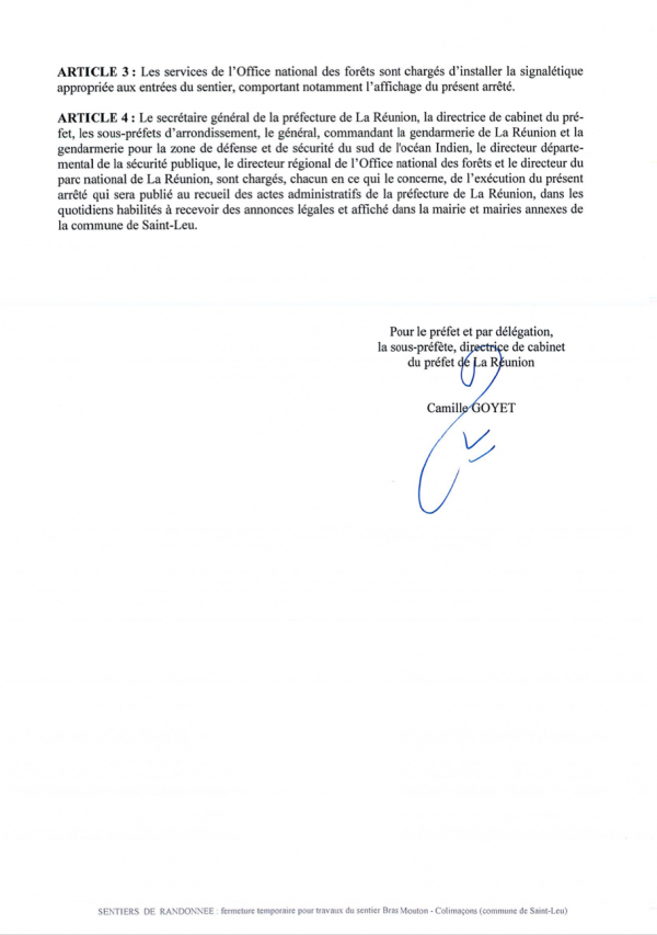 Fermeture temporaire par arrêté préfectoral du sentier Bras Mouton aux Colimaçons