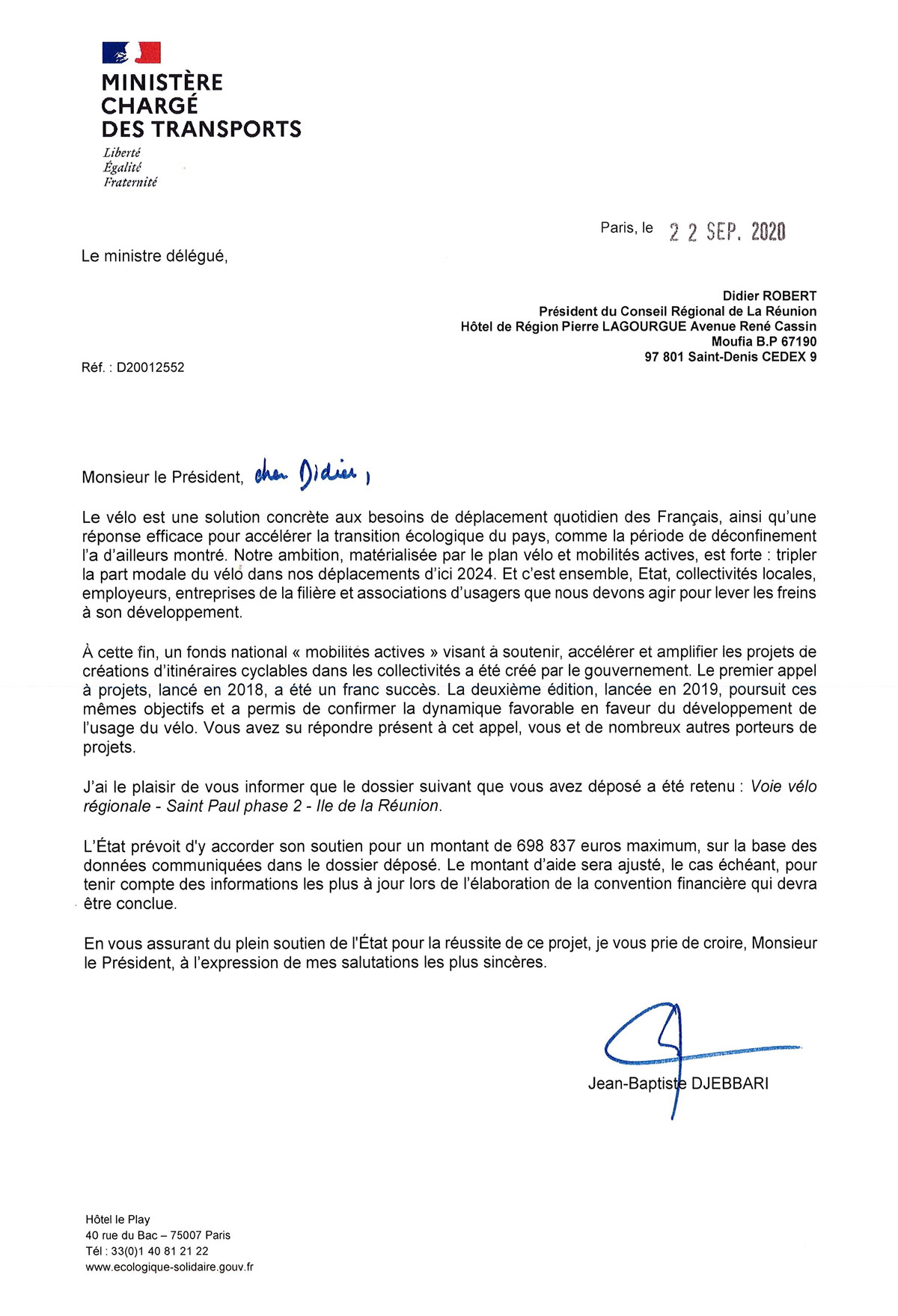 Le Ministre des Transports salue l’action de la Région pour la Voie Vélo Régionale et confirme la participation financière de l’État