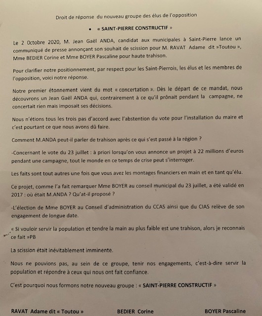 Droit de réponse : les dissidents de l’opposition saint-pierroise répondent à Jean Gaël Anda