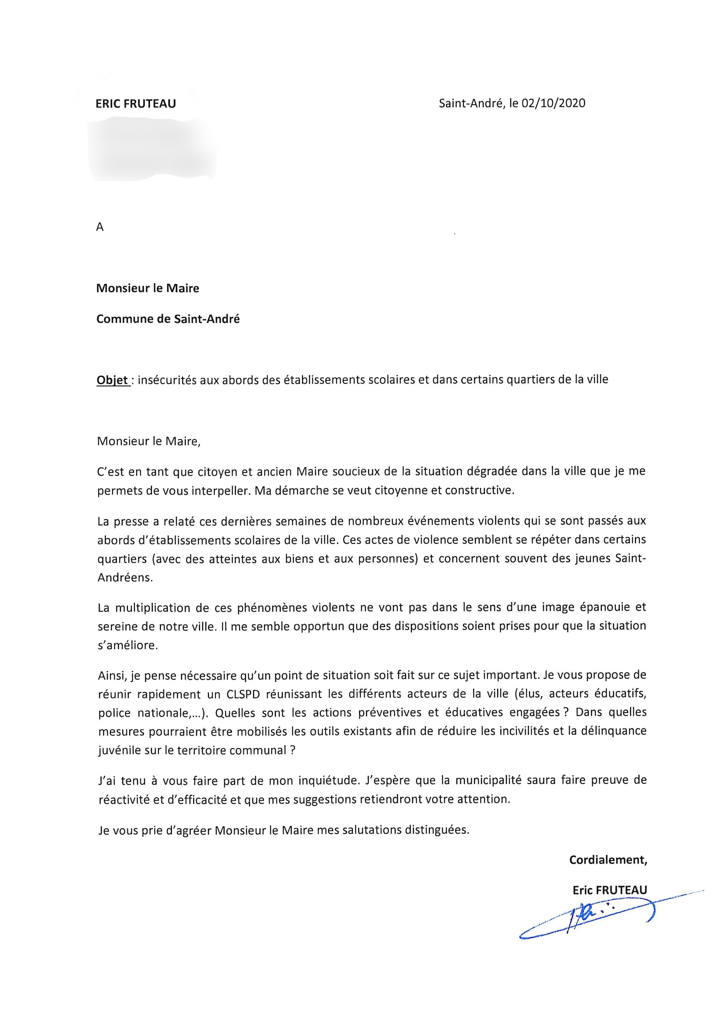Saint-André : Éric Fruteau demande au maire d’agir face à la montée de la violence