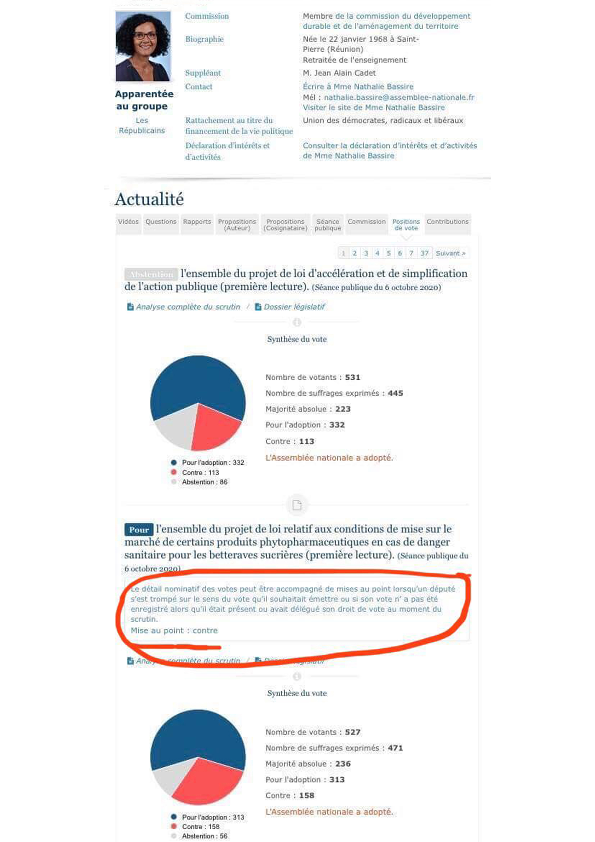 Nathalie Bassire clarifie la situation concernant son vote sur les néonicotinoïdes