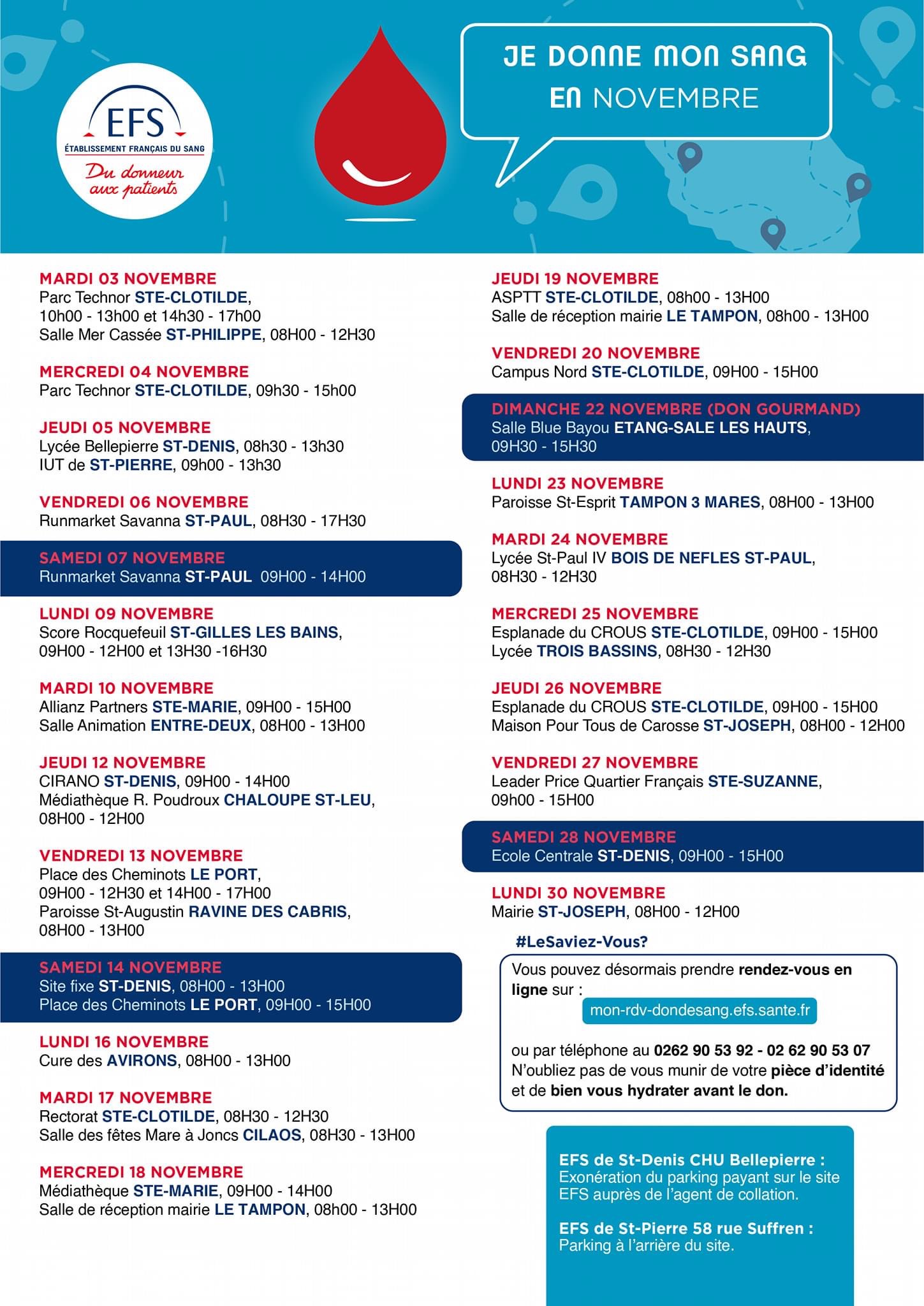 Le planning des collectes de sang disponible pour le mois de novembre