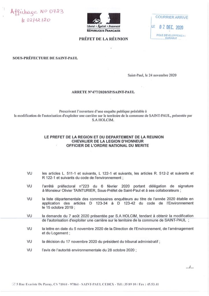 Enquête publique préalable à la modification de l’autorisation d’exploiter une carrière sur le territoire de la commune de Saint-Paul, présentée par S.A HOLCIM