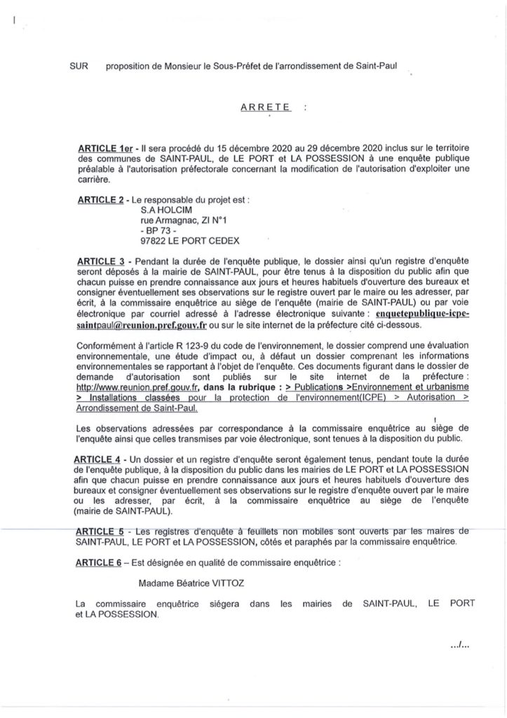 Enquête publique préalable à la modification de l’autorisation d’exploiter une carrière sur le territoire de la commune de Saint-Paul, présentée par S.A HOLCIM