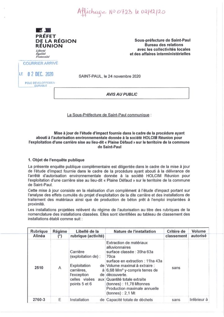 Enquête publique préalable à la modification de l’autorisation d’exploiter une carrière sur le territoire de la commune de Saint-Paul, présentée par S.A HOLCIM