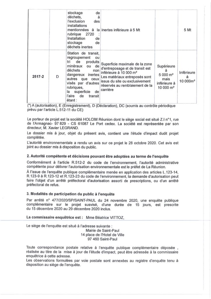 Enquête publique préalable à la modification de l’autorisation d’exploiter une carrière sur le territoire de la commune de Saint-Paul, présentée par S.A HOLCIM