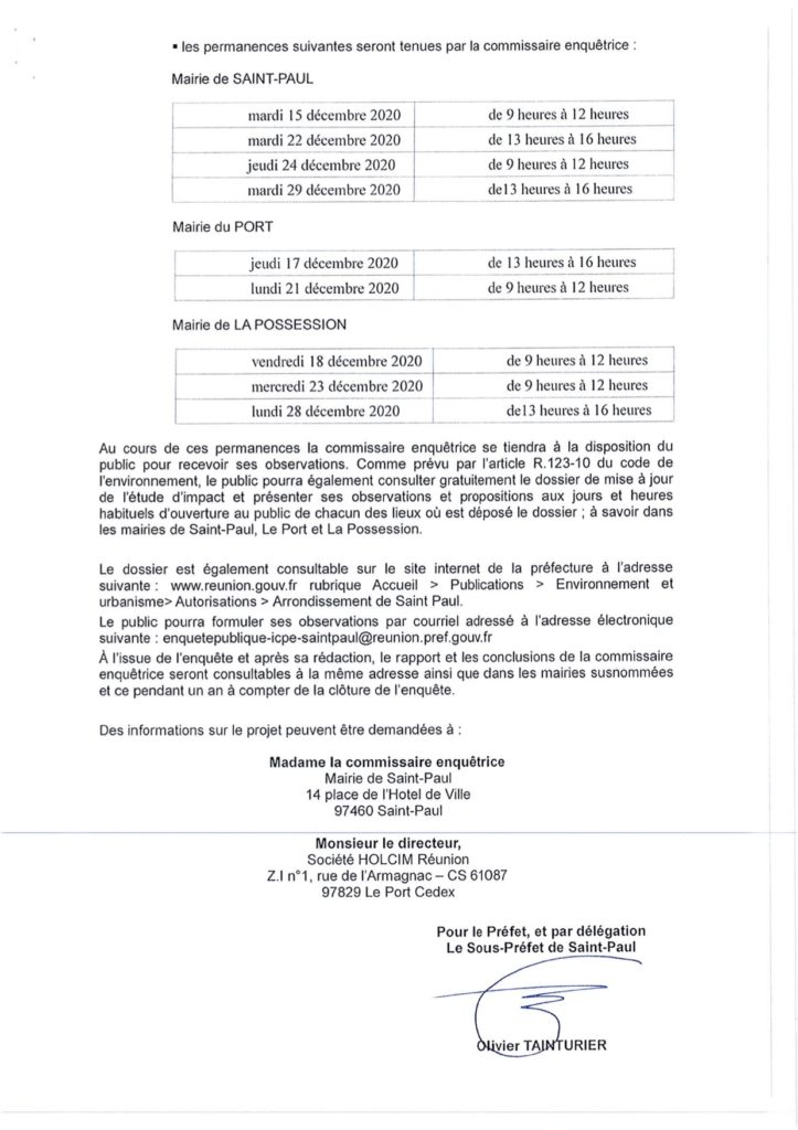 Enquête publique préalable à la modification de l’autorisation d’exploiter une carrière sur le territoire de la commune de Saint-Paul, présentée par S.A HOLCIM