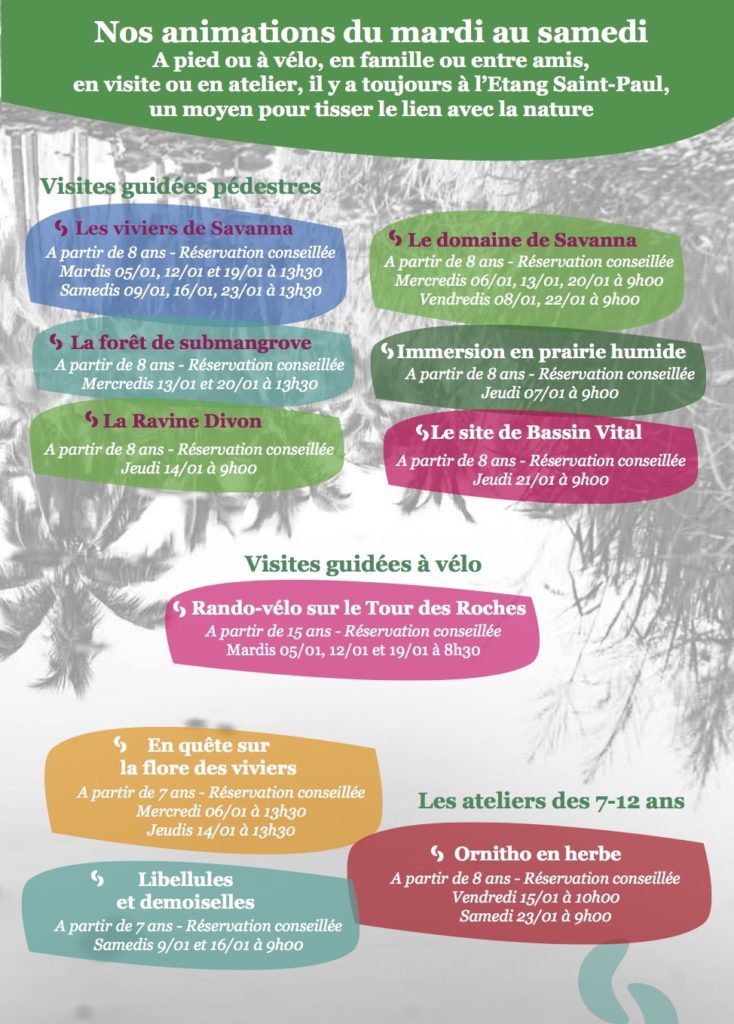 Retrouvez les animations des vacances pour le mois de janvier 2021 à l’Étang de Saint-Paul !