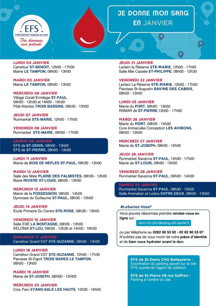 Découvrez le planning des collectes de sang pour le mois de janvier 2021