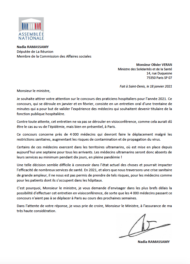 Nadia Ramassamy réclame que le concours de praticien hospitalier se fasse en visioconférence