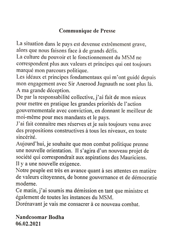 URGENT : Le ministre Nando Bodha démissionne du gouvernement