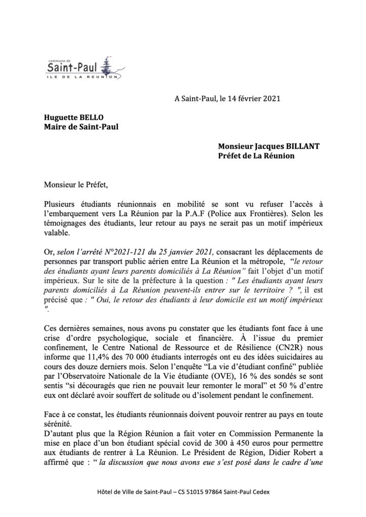 Motifs impérieux : Huguette BELLO interpelle le Préfet sur le retour des étudiants à La Réunion