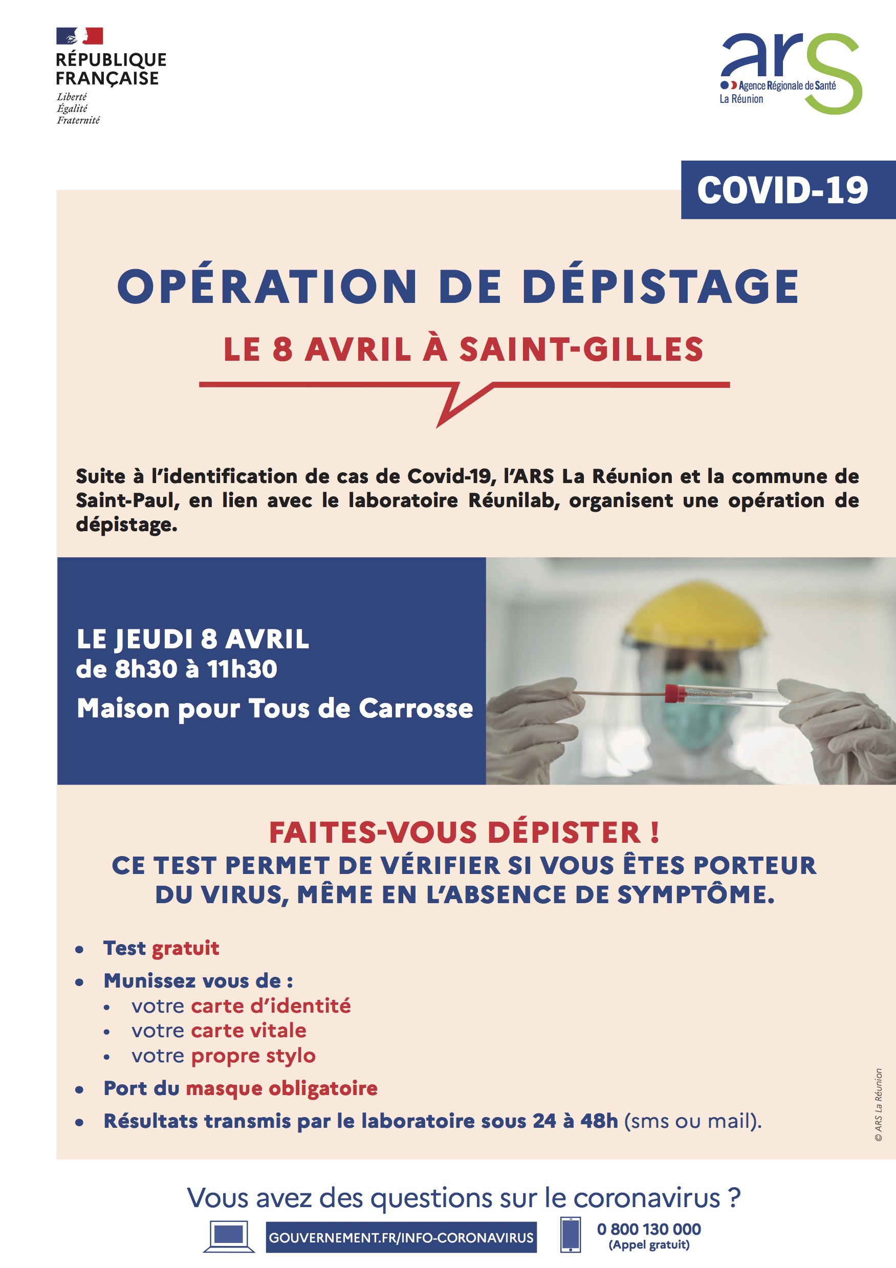 Covid-19 : Opération de dépistage ce jeudi 8 avril à la Maison Pour Tous de Carrosse