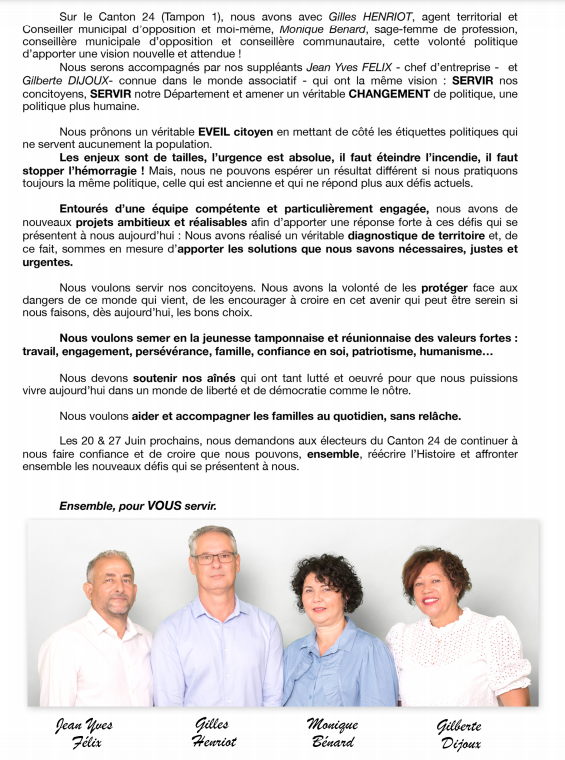 Départementales : Monique Bénard et Gilles Henriot candidats sur le canton 24 (Tampon 1)