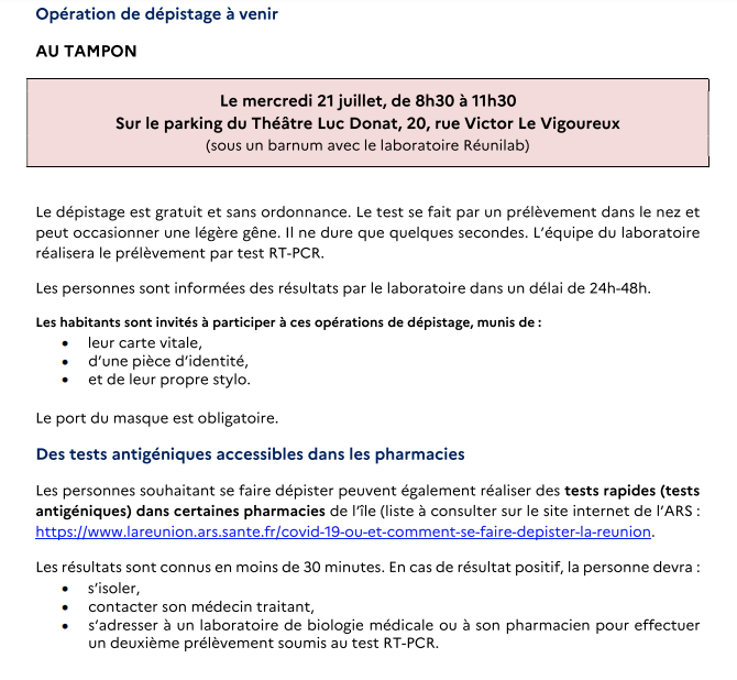 Opération de dépistage au Tampon