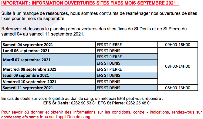 Don du sang : Planning des collectes du samedi 4 au samedi 11 septembre
