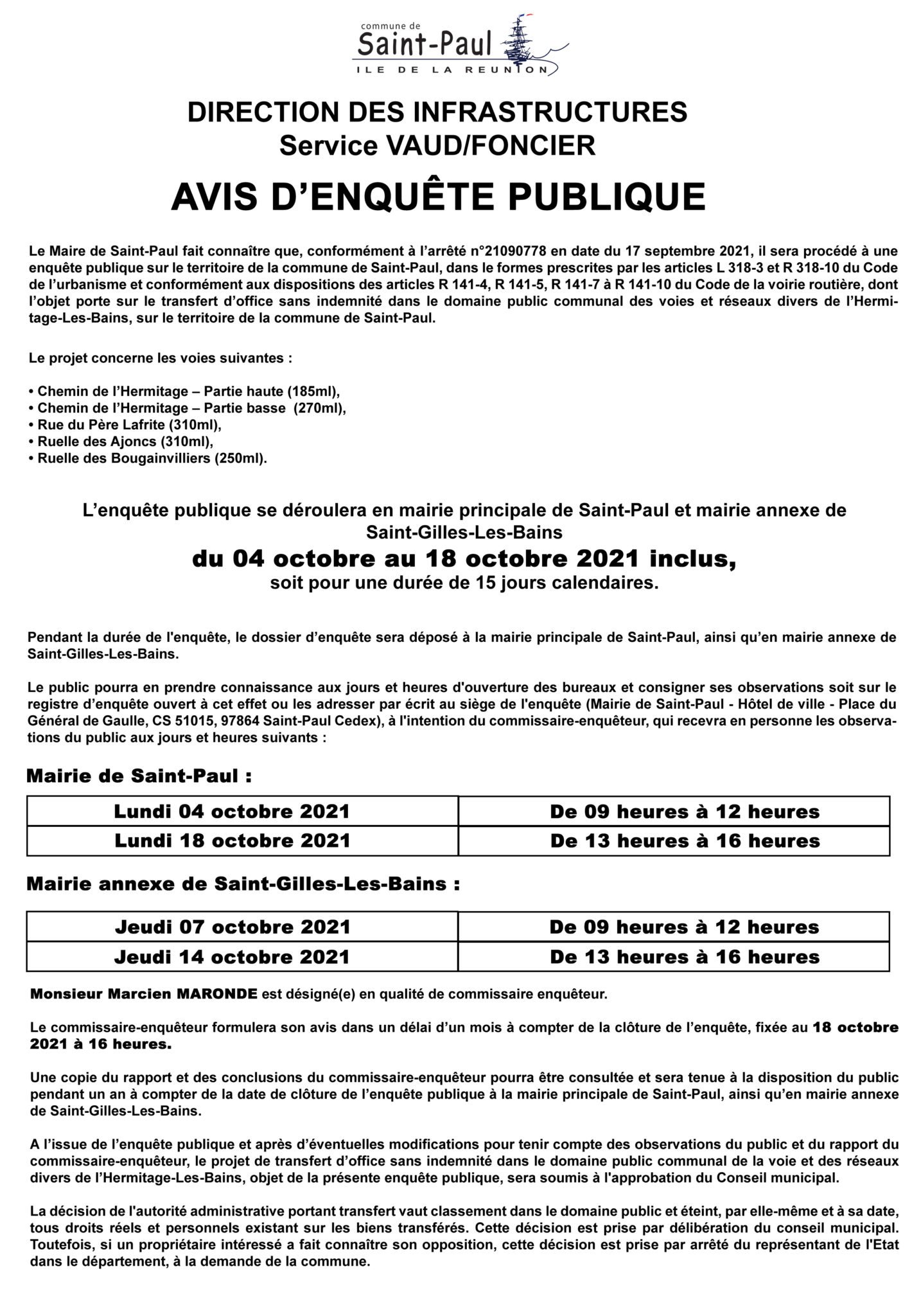 Début des enquêtes publiques à l’Hermitage-les-Bains, la Plaine et la Saline-les-Bains