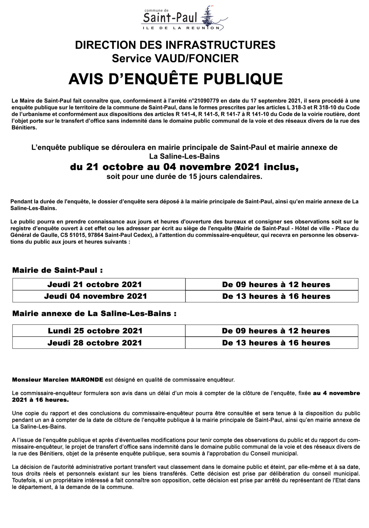 Début des enquêtes publiques à l’Hermitage-les-Bains, la Plaine et la Saline-les-Bains