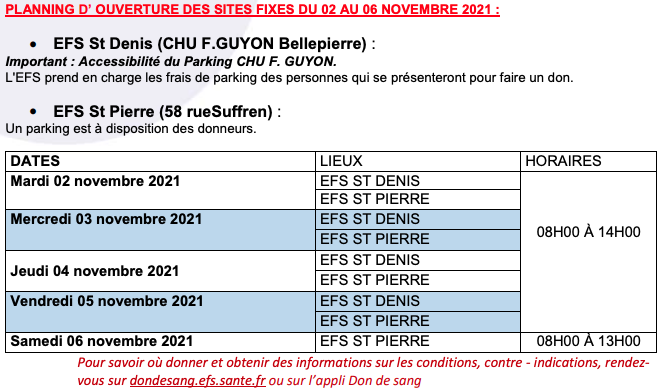Planning des collectes de sang du samedi 30 octobre au samedi 06 novembre