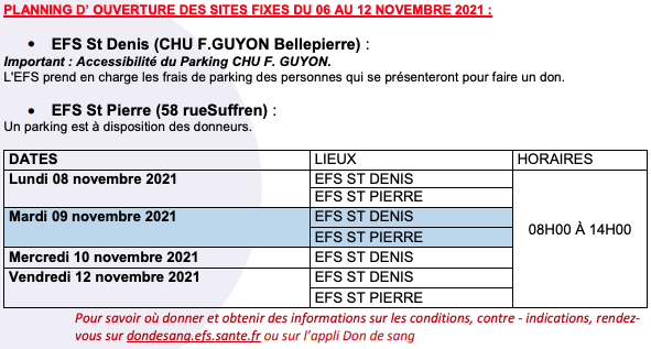 Don du sang : planning des collecte du samedi 6 octobre au vendredi 12 novembre