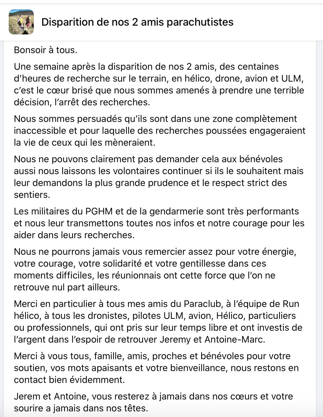 Les amis des deux parachutistes disparus annoncent l'arrêt des recherches