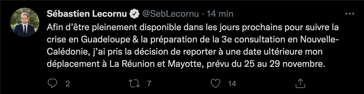 Lecornu contraint de reporter son déplacement à La Réunion