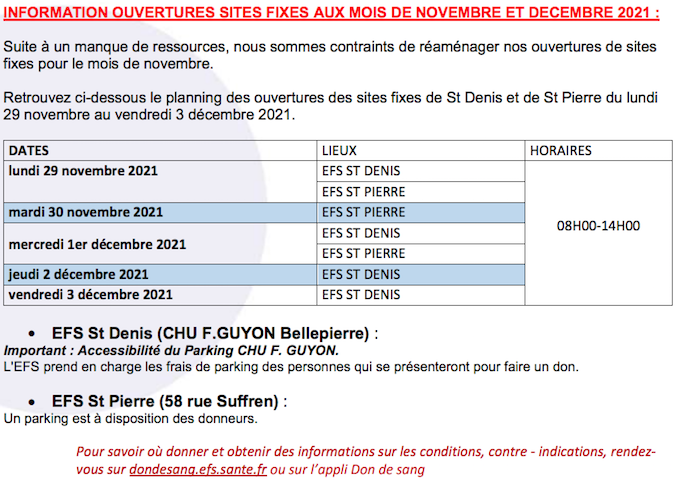 Don du sang : Planning des collectes de sang du samedi 27 novembre au samedi 4 décembre