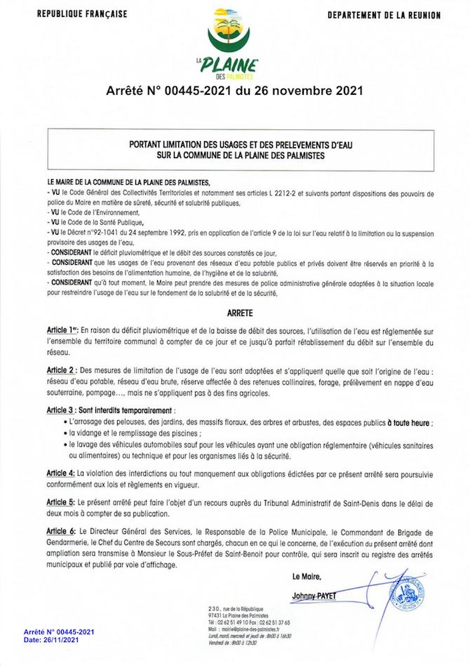 Plaine des Palmistes : Mise en place d'un arrêté de limitation des usages de l'eau