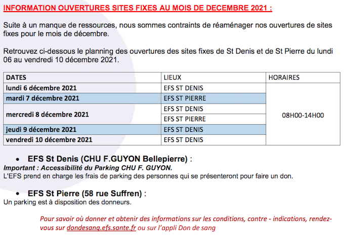 Don du sang : Planning des collectes du samedi 4 au dimanche 12 décembre