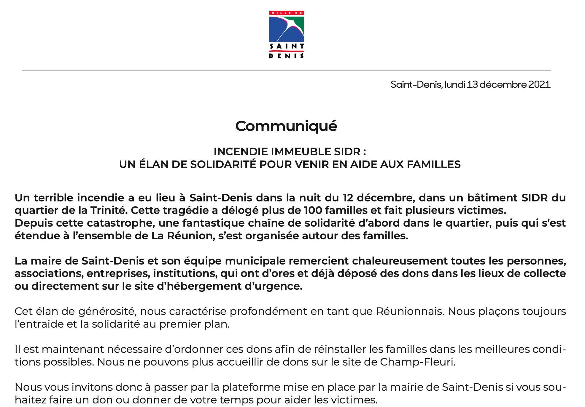 Incendie de l'immeuble SIDR : un élan de solidarité aux familles