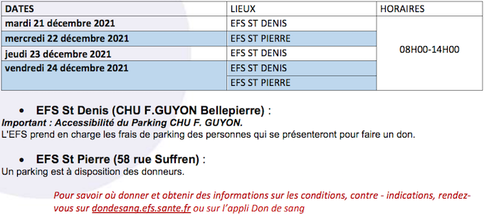 Don du sang : Planning des collectes du samedi 18 au jeudi 23 décembre