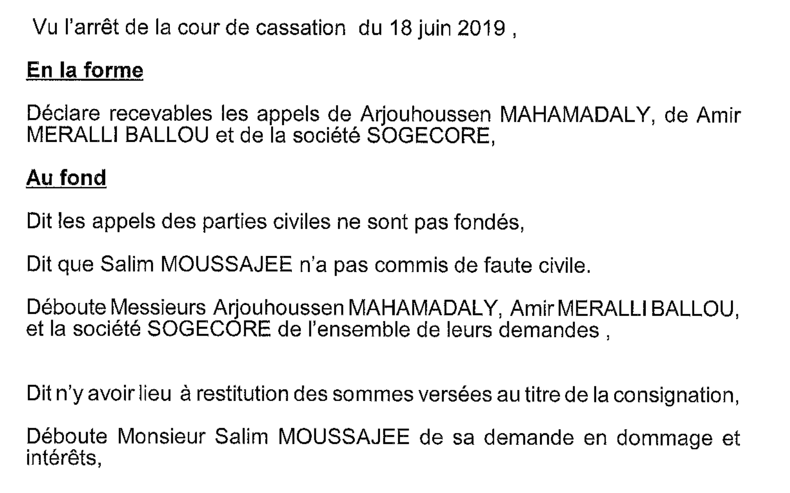 Les dirigeants de la Sogecore déboutés de leurs demandes de réparation vis-à-vis de Salim Moussajee