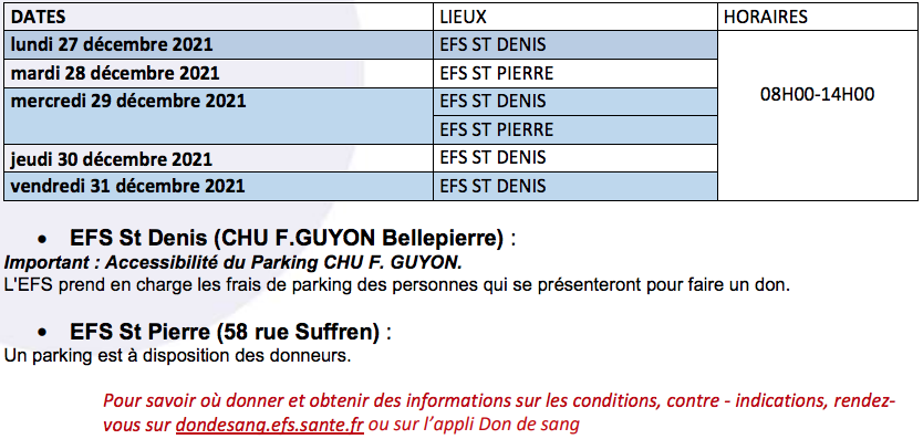 Don du sang : Planning des collectes du lundi 27 au vendredi 31 décembre