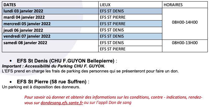 Don du sang : Planning des collectes du lundi 3 au samedi 8 janvier 2022