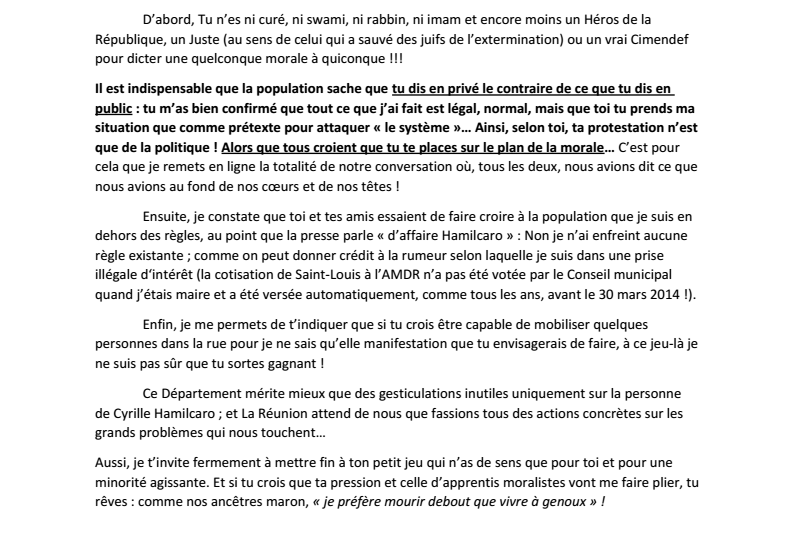 Cyrille Hamilcaro ne démissionnera pas et menace J-H Ratenon