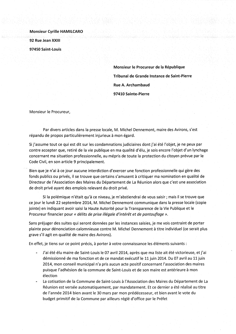 Cyrille Hamilcaro porte également plainte contre Michel Dennemont
