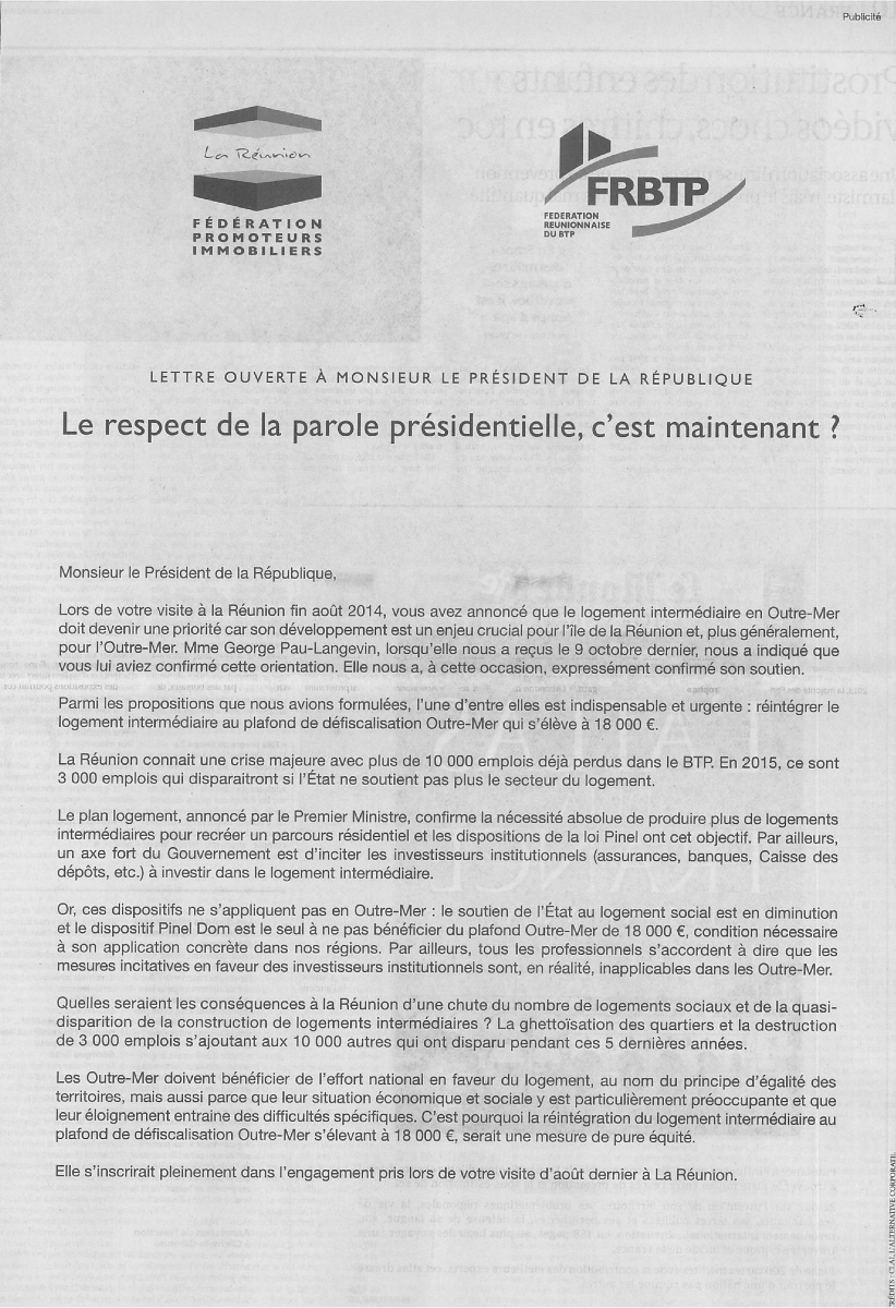 Les entreprises du bâtiment et les promoteurs immobiliers rappellent à F. Hollande ses promesses