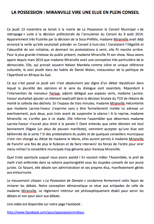 La Possession: Une conseillère municipale virée du conseil municipal