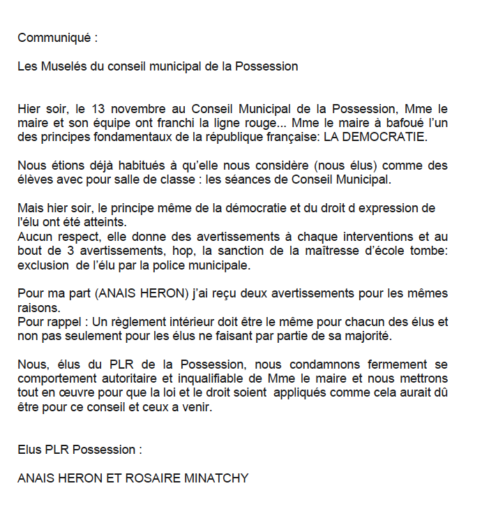 La Possession: Une conseillère municipale virée du conseil municipal