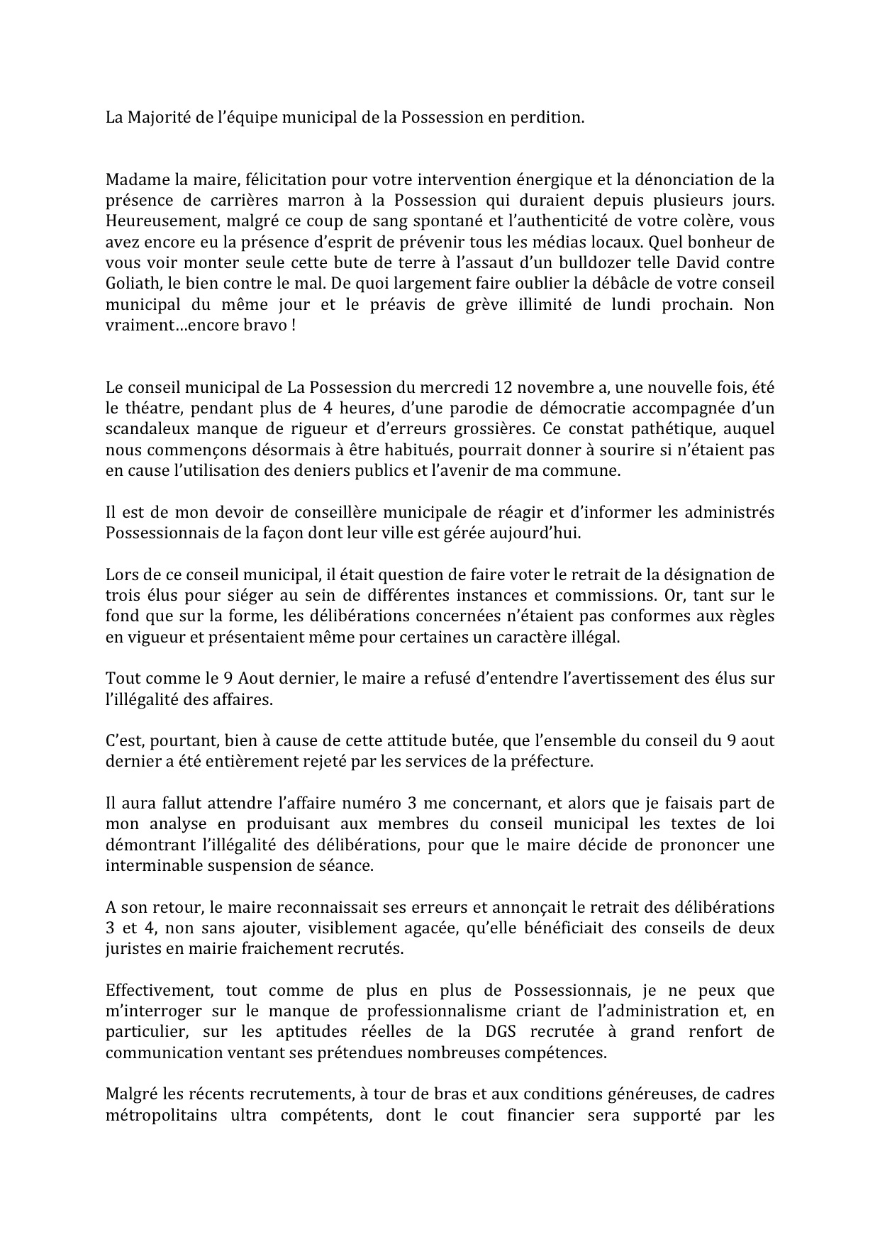 Courrier d'Anaïs Héron sur le dernier conseil municipal de La Possession