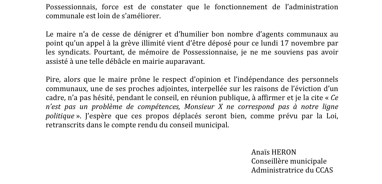 Courrier d'Anaïs Héron sur le dernier conseil municipal de La Possession
