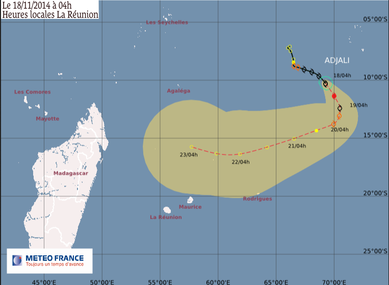 La forte tempête tropicale Adjali se trouve à 1.875km de la Réunion