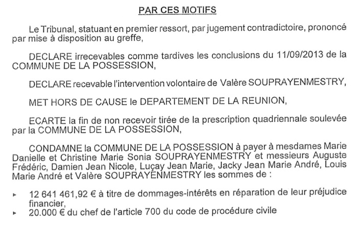 Contentieux Souprayenmestry: Les Possessionnais redevables sur 15 ans